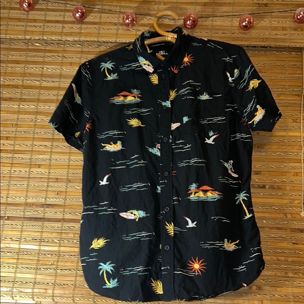 O'Neill Black Casual Button Down Shirt with Beach Print | Men’s Size Small